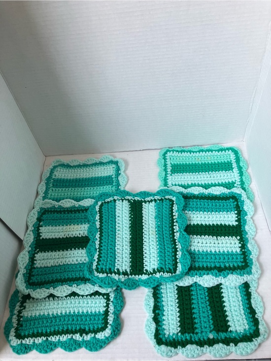 Handmade Other - Hand-Crocheted Green Striped Kitchen Dining Cloths or Mats - Set of 7 Aprox 7”